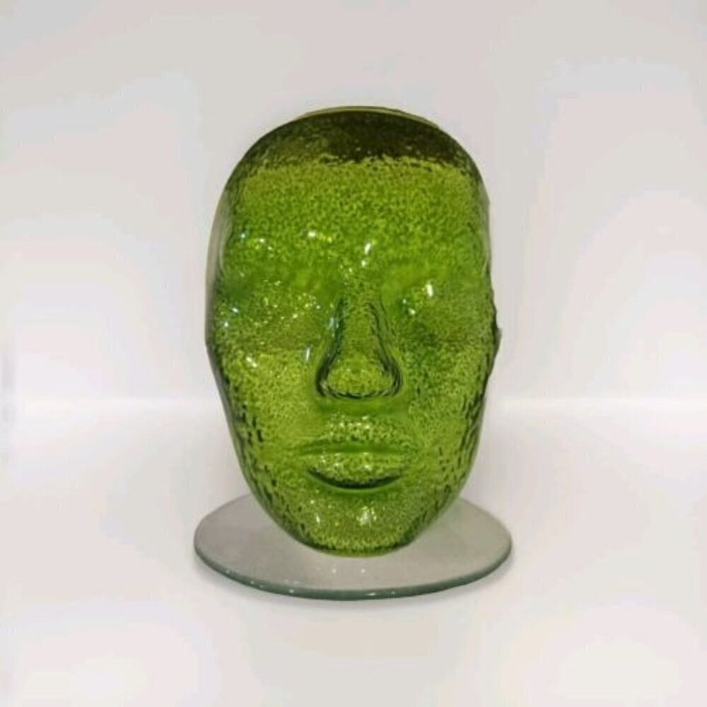 Art Glass Human Face Form - Unique - Unsigned - Green Speckle Glass